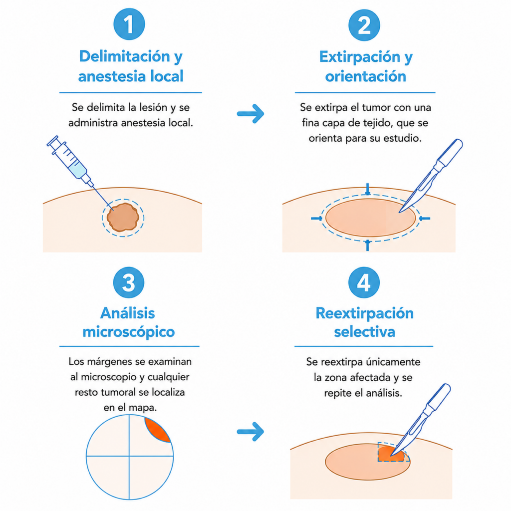 Proceso de la cirugía de Mohs en cuatro etapas: delimitación y anestesia local, extirpación y orientación, análisis microscópico de los márgenes y reextirpación selectiva.